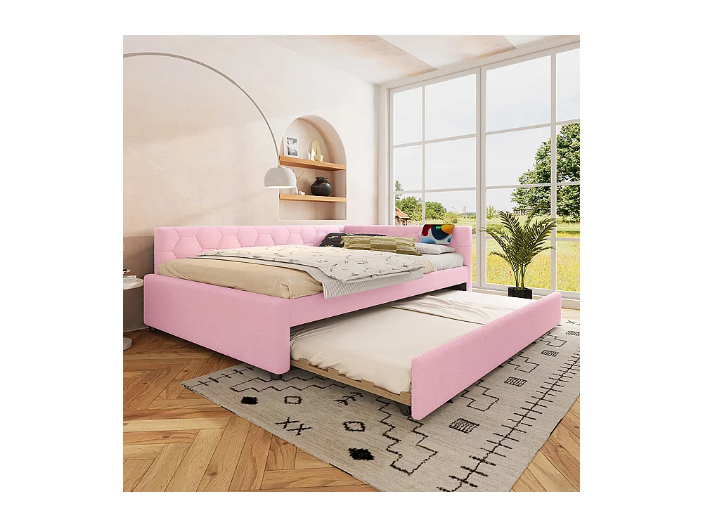 Lit gigogne 140x200 avec lampe de chevet port USB type C revêtement imitation polaire rose lit simple multifonctionnel confortable