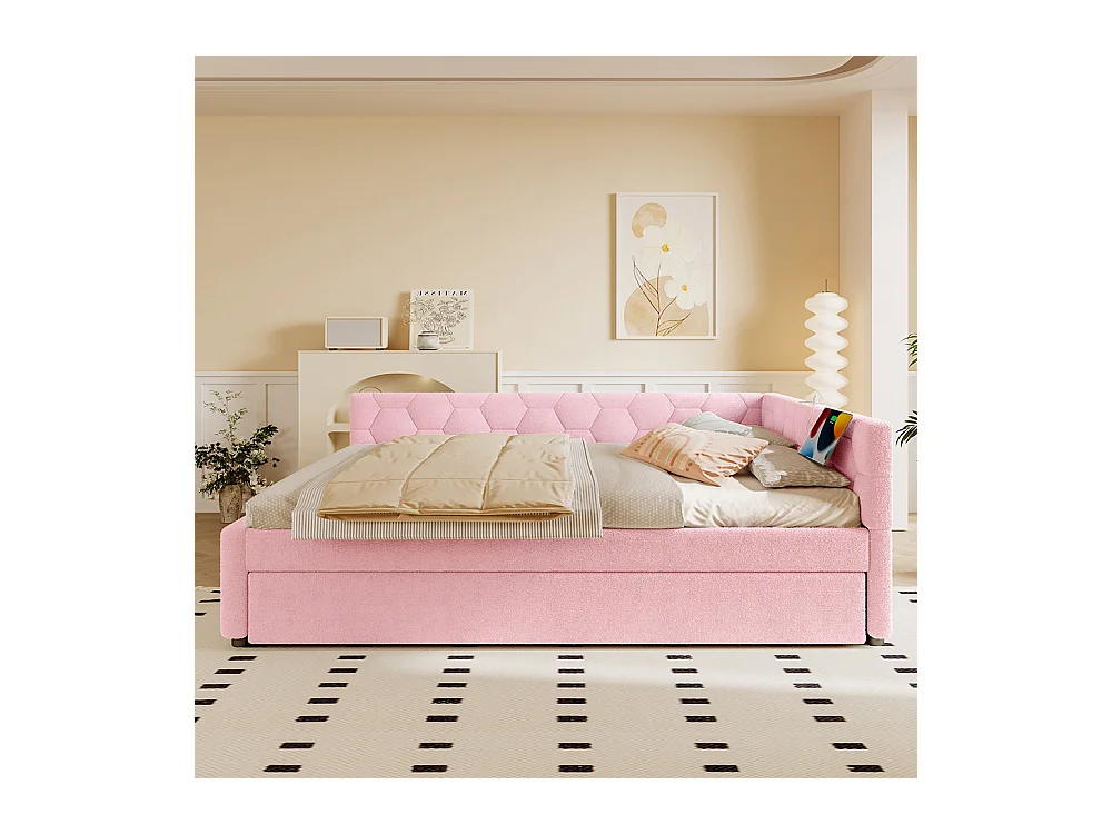 Lit gigogne 140x200 avec lampe de chevet port USB type C revêtement imitation polaire rose lit simple multifonctionnel confortable