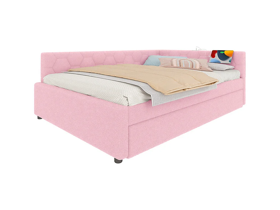 Lit gigogne 140x200 avec lampe de chevet port USB type C revêtement imitation polaire rose lit simple multifonctionnel confortable