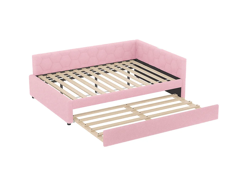 Lit gigogne 140x200 avec lampe de chevet port USB type C revêtement imitation polaire rose lit simple multifonctionnel confortable