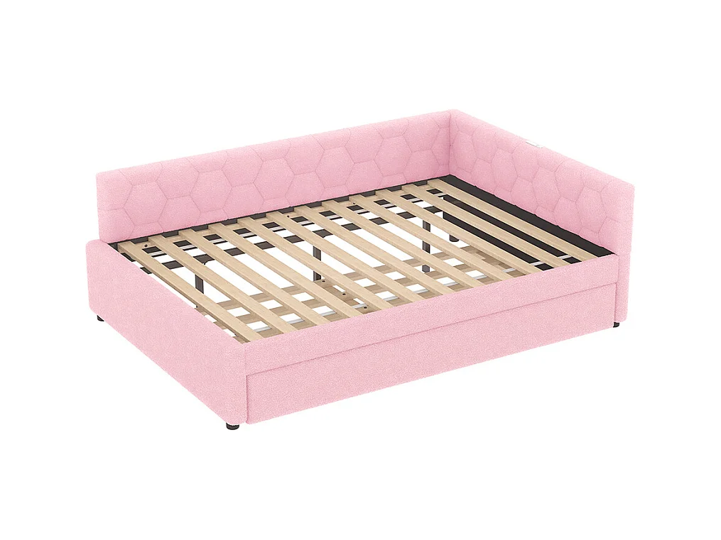 Lit gigogne 140x200 avec lampe de chevet port USB type C revêtement imitation polaire rose lit simple multifonctionnel confortable