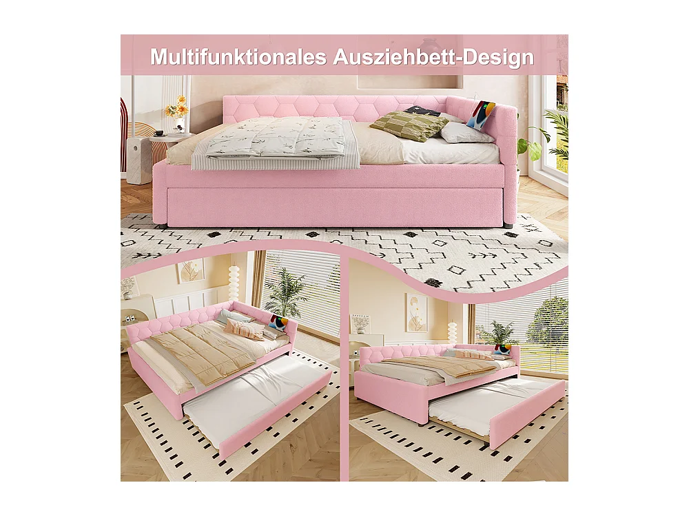 Lit gigogne 140x200 avec lampe de chevet port USB type C revêtement imitation polaire rose lit simple multifonctionnel confortable