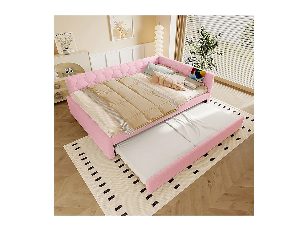 Lit gigogne 140x200 avec lampe de chevet port USB type C revêtement imitation polaire rose lit simple multifonctionnel confortable