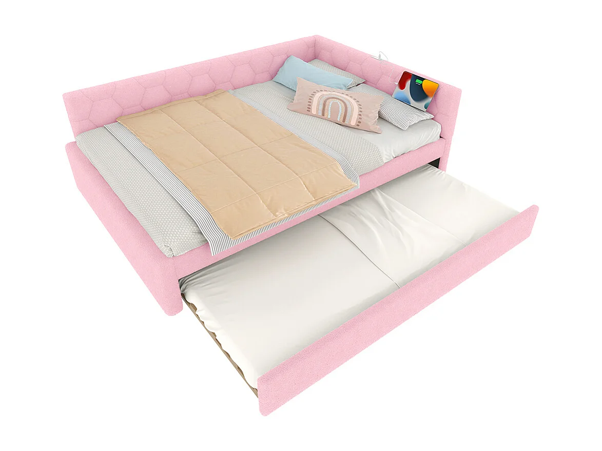 Lit gigogne 140x200 avec lampe de chevet port USB type C revêtement imitation polaire rose lit simple multifonctionnel confortable