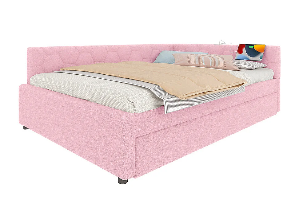 Lit gigogne 140x200 avec lampe de chevet port USB type C revêtement imitation polaire rose lit simple multifonctionnel confortable