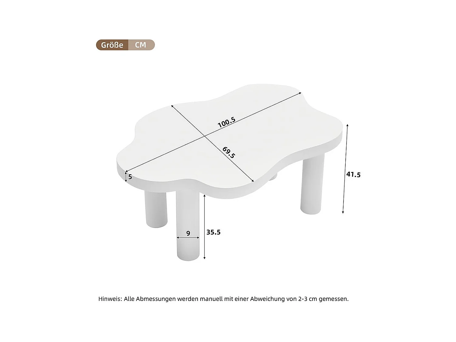 Witte cartoon-salontafel met 3 poten, onregelmatig Modern interieurontwerp, aparte woonkamer