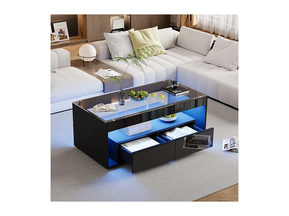 Moderne salontafel van dubbel gelaagd design glas LED-verlichting in 16 kleuren 2 grote ruime lades glanzend zwart