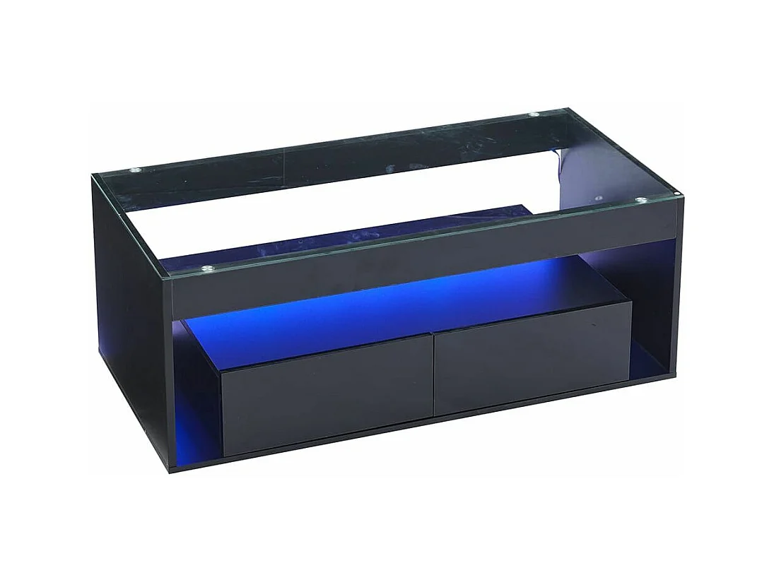 Moderne salontafel van dubbel gelaagd design glas LED-verlichting in 16 kleuren 2 grote ruime lades glanzend zwart