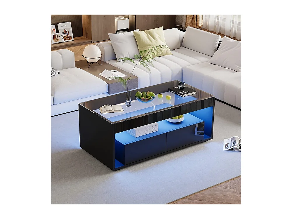 Moderne salontafel van dubbel gelaagd design glas LED-verlichting in 16 kleuren 2 grote ruime lades glanzend zwart