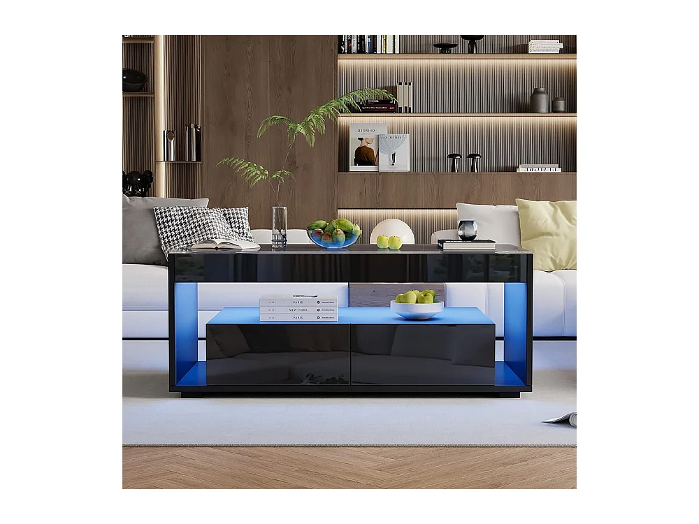Moderne salontafel van dubbel gelaagd design glas LED-verlichting in 16 kleuren 2 grote ruime lades glanzend zwart