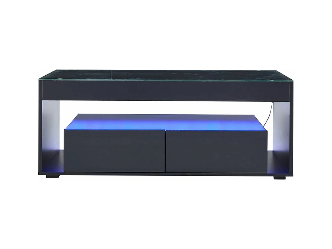 Moderne salontafel van dubbel gelaagd design glas LED-verlichting in 16 kleuren 2 grote ruime lades glanzend zwart