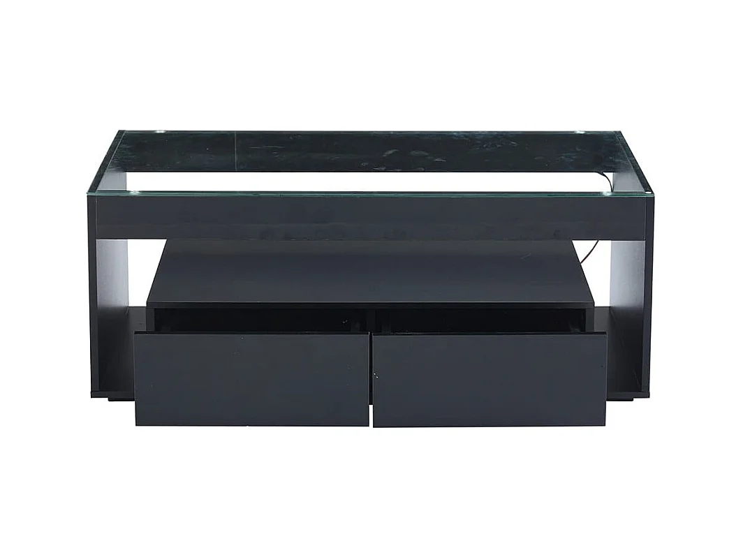 Moderne salontafel van dubbel gelaagd design glas LED-verlichting in 16 kleuren 2 grote ruime lades glanzend zwart