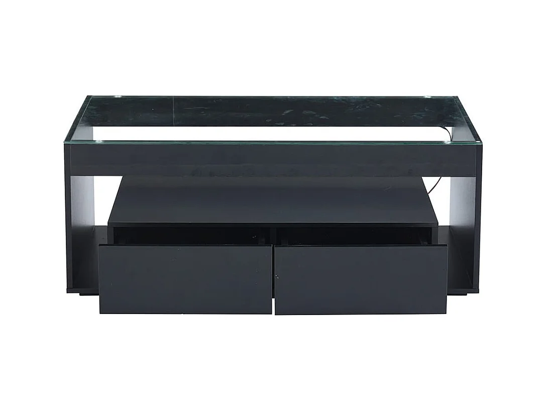Moderne salontafel van dubbel gelaagd design glas LED-verlichting in 16 kleuren 2 grote ruime lades glanzend zwart