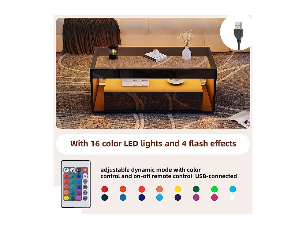 Moderne salontafel van dubbel gelaagd design glas LED-verlichting in 16 kleuren 2 grote ruime lades glanzend zwart