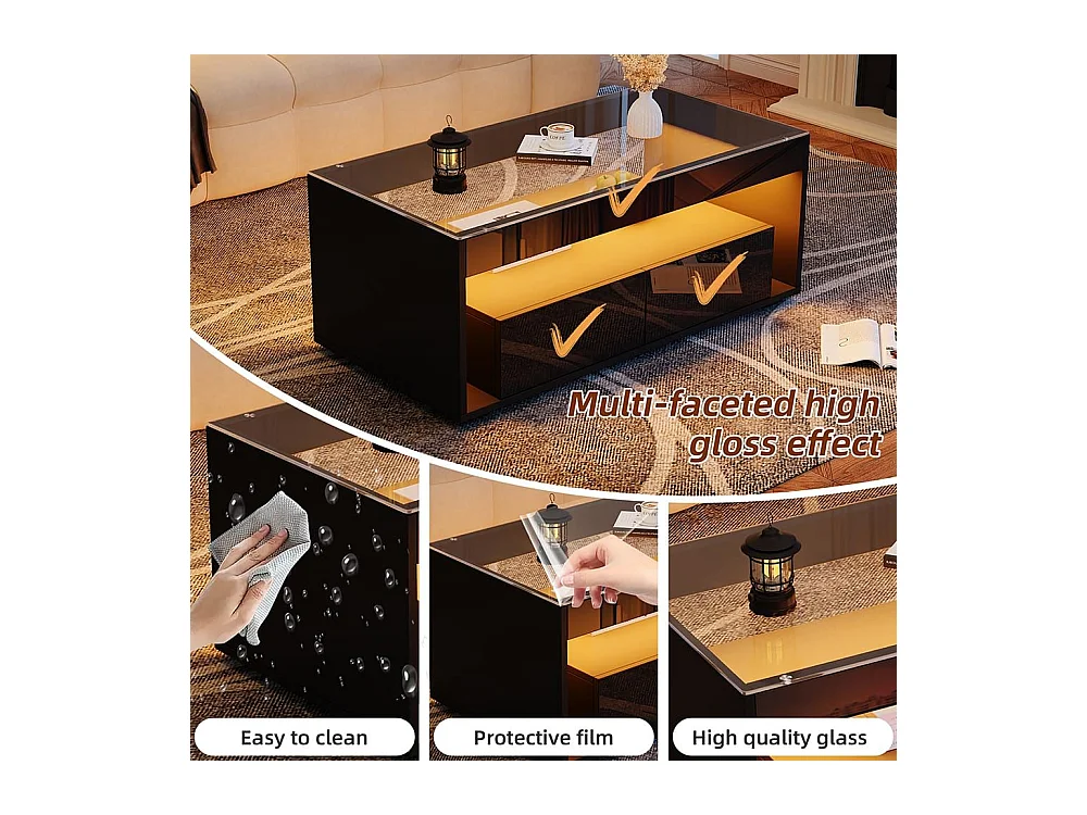 Moderne salontafel van dubbel gelaagd design glas LED-verlichting in 16 kleuren 2 grote ruime lades glanzend zwart