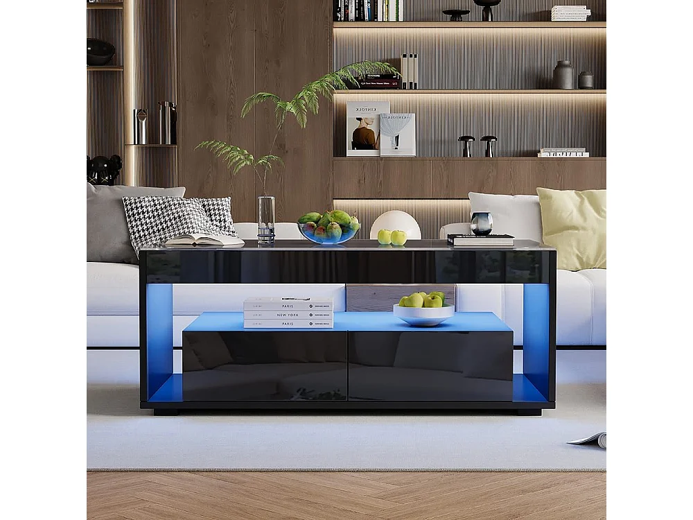 Moderne salontafel van dubbel gelaagd design glas LED-verlichting in 16 kleuren 2 grote ruime lades glanzend zwart