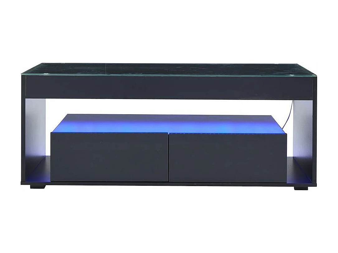 Moderne salontafel van dubbel gelaagd design glas LED-verlichting in 16 kleuren 2 grote ruime lades glanzend zwart