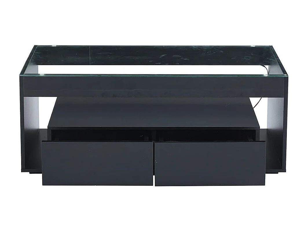Moderne salontafel van dubbel gelaagd design glas LED-verlichting in 16 kleuren 2 grote ruime lades glanzend zwart