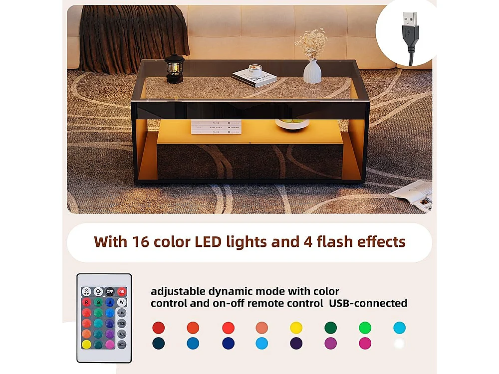 Moderne salontafel van dubbel gelaagd design glas LED-verlichting in 16 kleuren 2 grote ruime lades glanzend zwart
