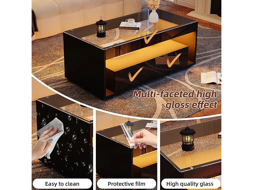 Moderne salontafel van dubbel gelaagd design glas LED-verlichting in 16 kleuren 2 grote ruime lades glanzend zwart
