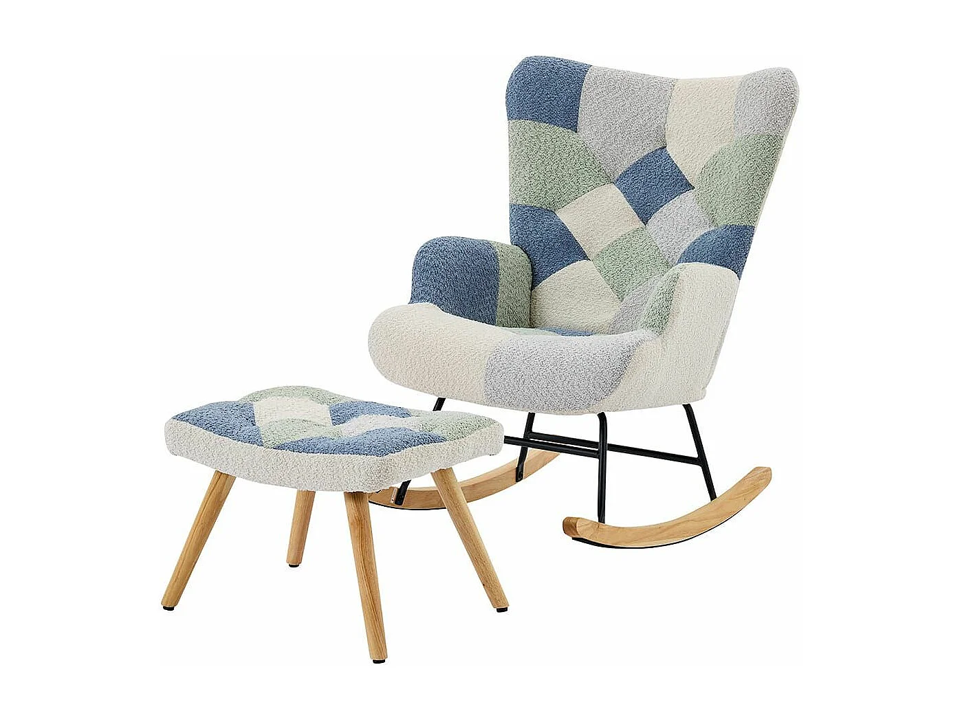 Moderne relaxfauteuil met schommelfunctie gestoffeerd met patchworkmotief integere voetsteun beige blauw