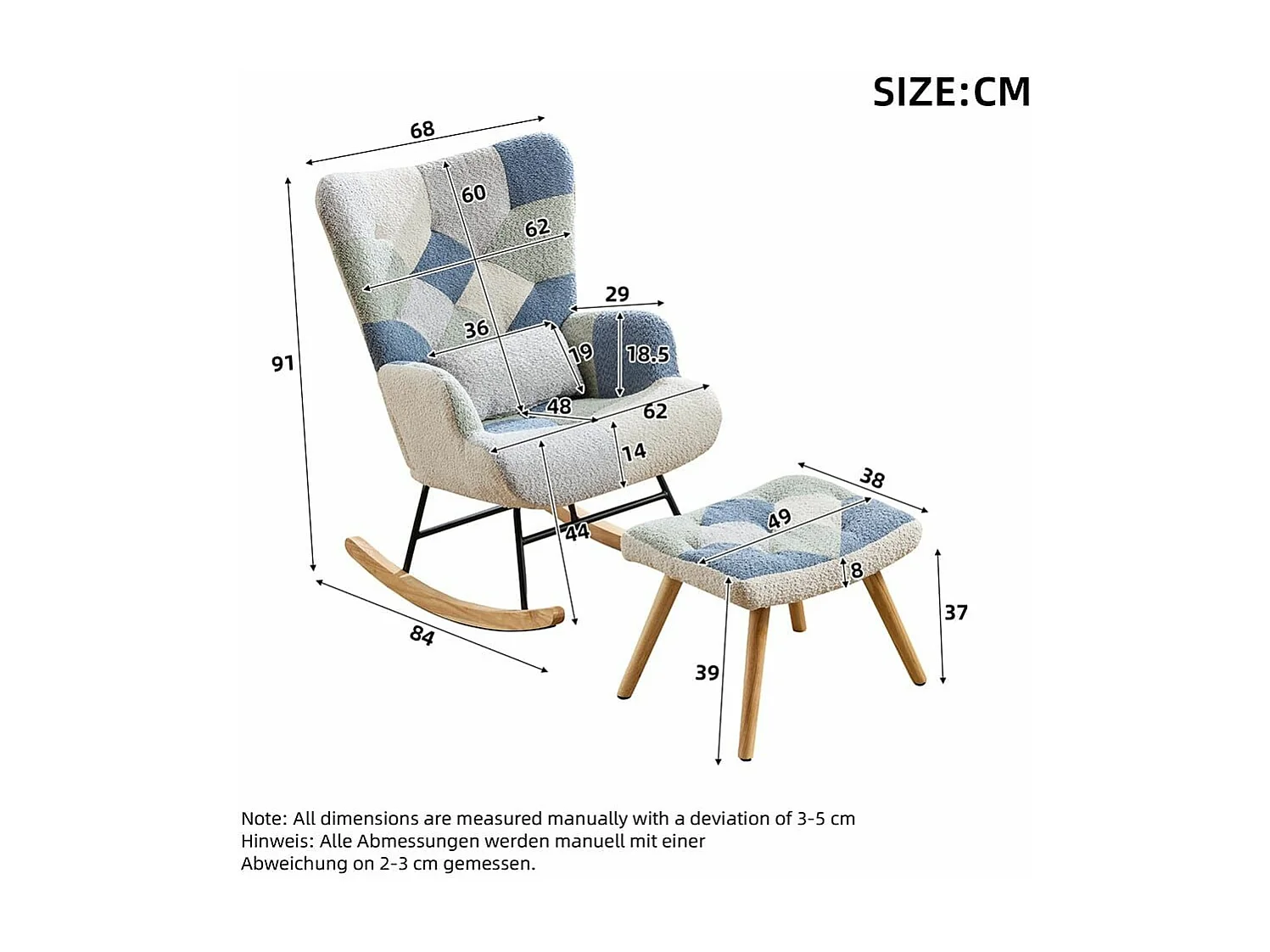 Moderne relaxfauteuil met schommelfunctie gestoffeerd met patchworkmotief integere voetsteun beige blauw