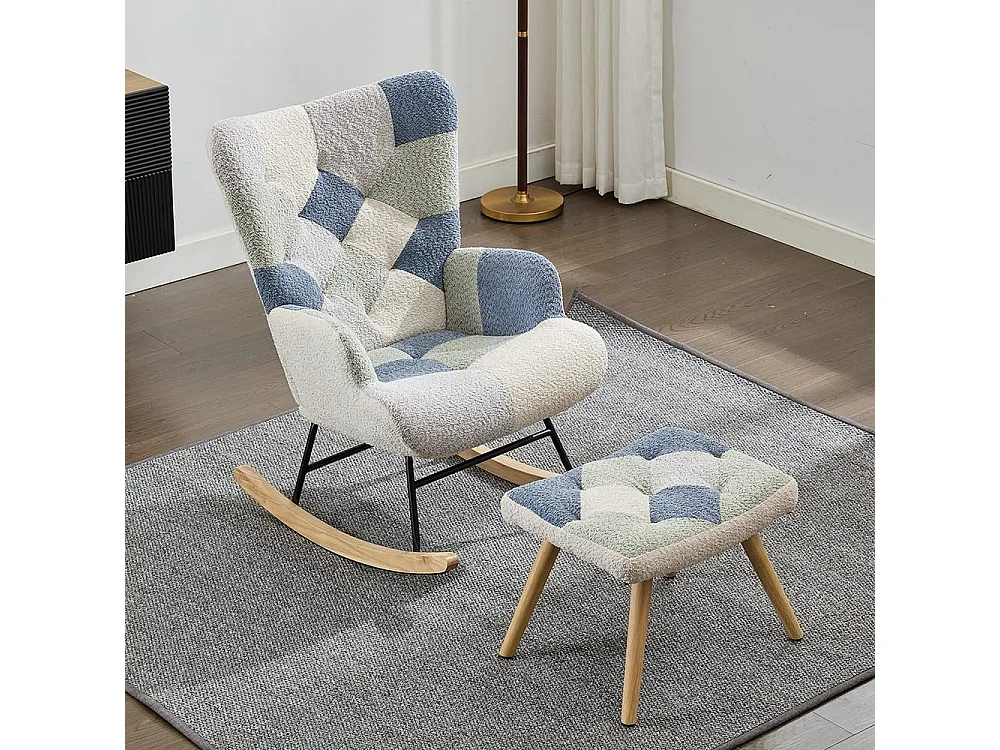 Moderne relaxfauteuil met schommelfunctie gestoffeerd met patchworkmotief integere voetsteun beige blauw