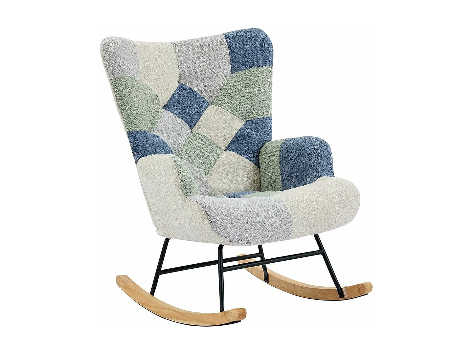 Moderne relaxfauteuil met schommelfunctie gestoffeerd met patchworkmotief integere voetsteun beige blauw