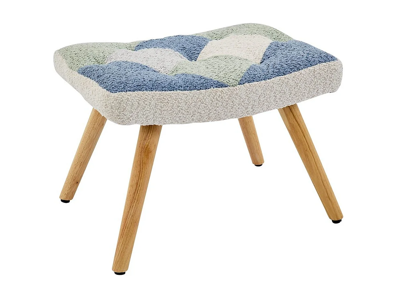 Moderne relaxfauteuil met schommelfunctie gestoffeerd met patchworkmotief integere voetsteun beige blauw