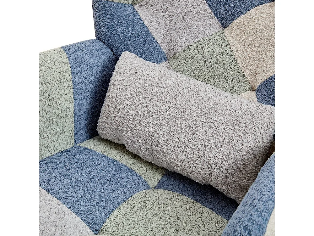 Moderne relaxfauteuil met schommelfunctie gestoffeerd met patchworkmotief integere voetsteun beige blauw
