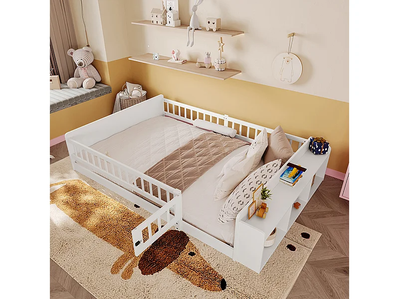 Tweepersoonsbed voor kinderen 140x190 van wit grenenhout met open opbergplanken, open structuur, zonder matras