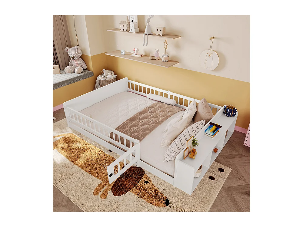 Tweepersoonsbed voor kinderen 140x190 van wit grenenhout met open opbergplanken, open structuur, zonder matras