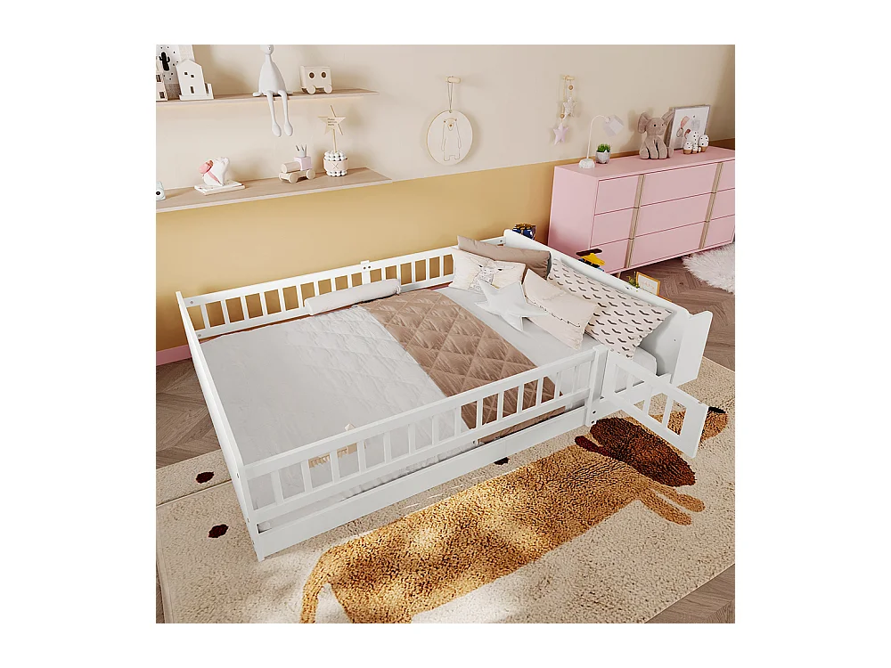 Tweepersoonsbed voor kinderen 140x190 van wit grenenhout met open opbergplanken, open structuur, zonder matras