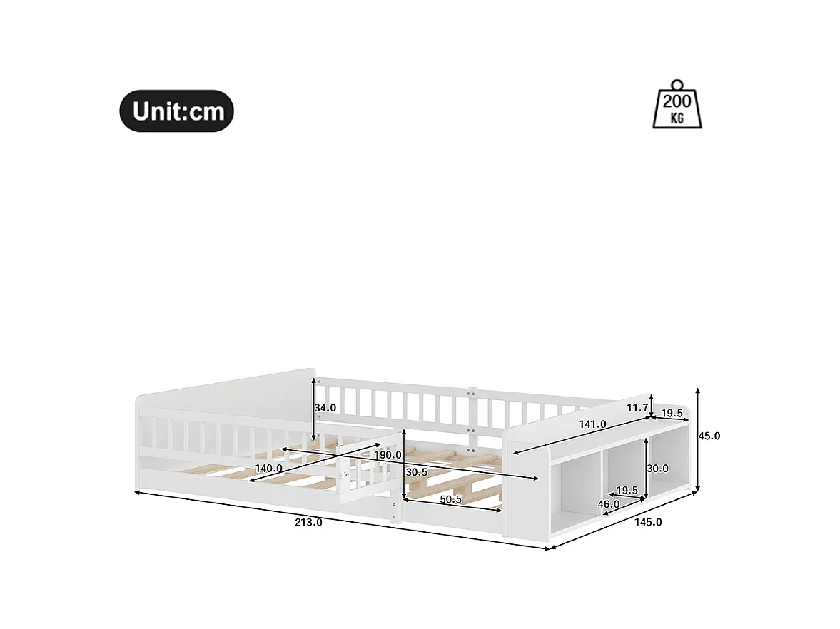 Tweepersoonsbed voor kinderen 140x190 van wit grenenhout met open opbergplanken, open structuur, zonder matras