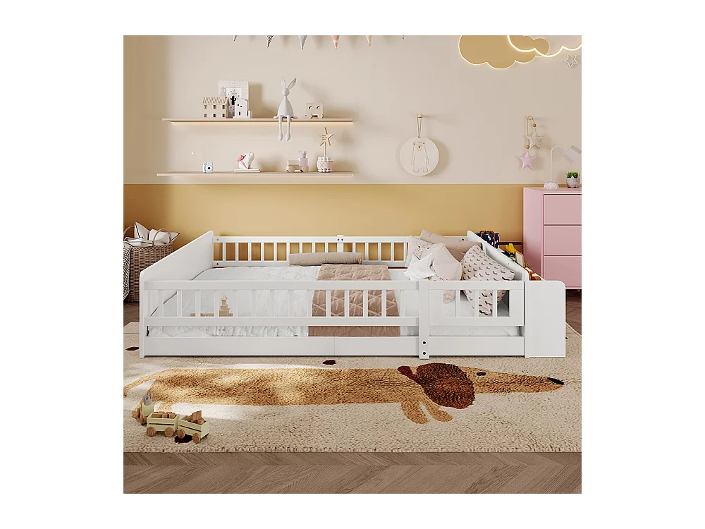 Tweepersoonsbed voor kinderen 140x190 van wit grenenhout met open opbergplanken, open structuur, zonder matras