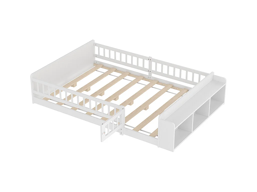 Tweepersoonsbed voor kinderen 140x190 van wit grenenhout met open opbergplanken, open structuur, zonder matras
