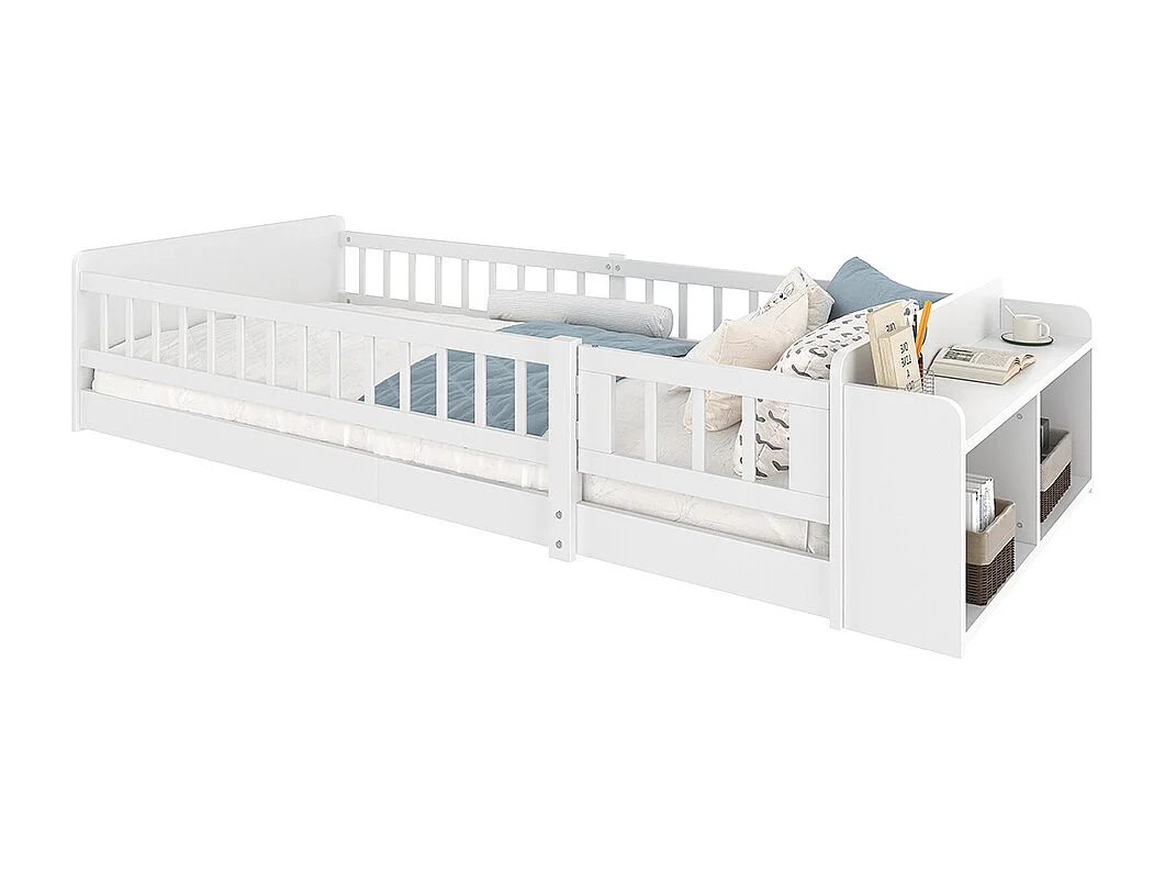 Eenpersoonsbed voor kinderen 90x200 van wit grenenhout met open opbergplanken, open structuur, zonder matras