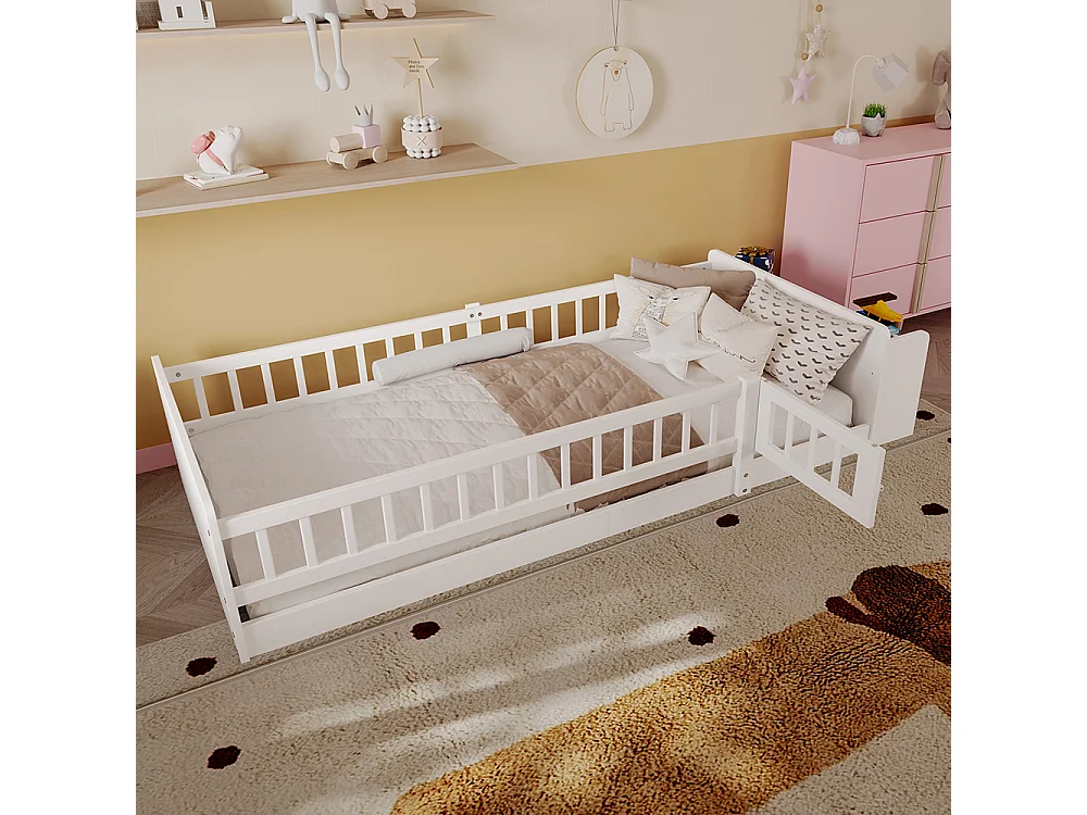 Eenpersoonsbed voor kinderen 90x200 van wit grenenhout met open opbergplanken, open structuur, zonder matras