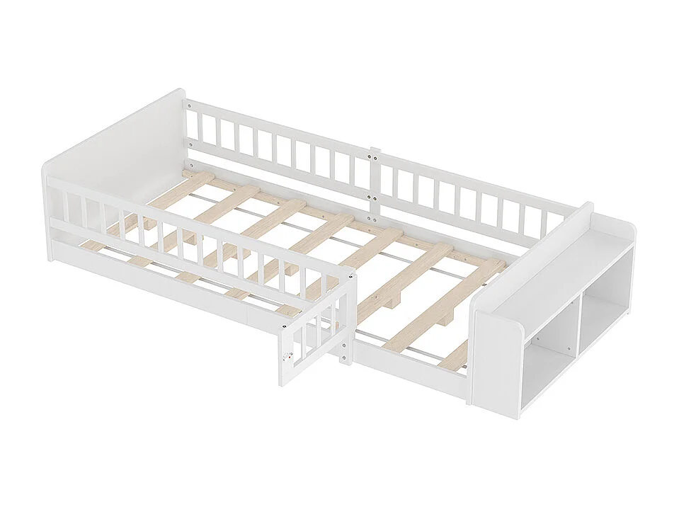 Eenpersoonsbed voor kinderen 90x200 van wit grenenhout met open opbergplanken, open structuur, zonder matras