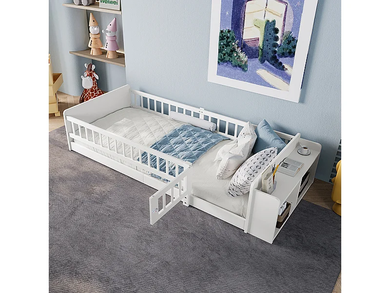 Lit simple enfant 90x200 en bois de pin blanc avec étagères de rangement ouvertes structure ouvrable sans matelas