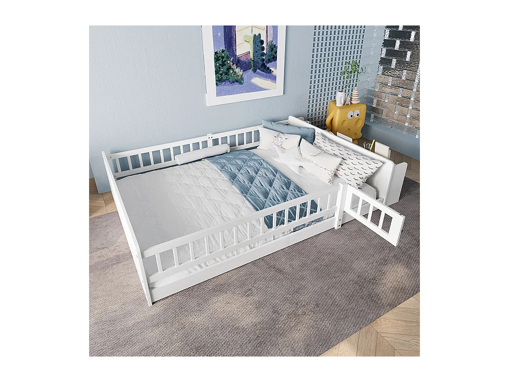 Lit double enfant 140x200 en bois de pin blanc avec étagères de rangement ouvertes structure ouvrable sans matelas