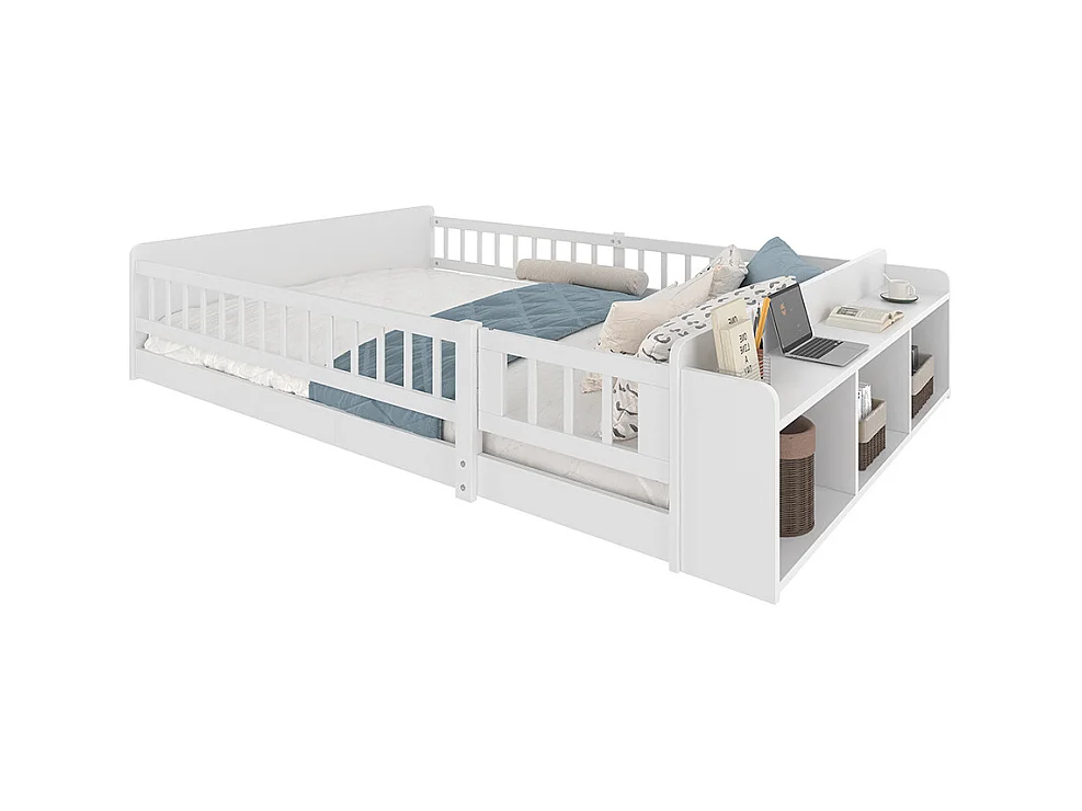 Lit double enfant 140x200 en bois de pin blanc avec étagères de rangement ouvertes structure ouvrable sans matelas