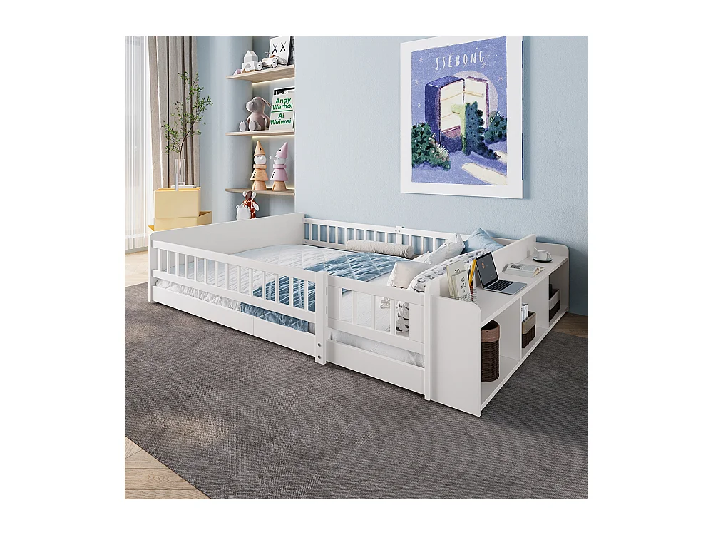 Lit double enfant 140x200 en bois de pin blanc avec étagères de rangement ouvertes structure ouvrable sans matelas