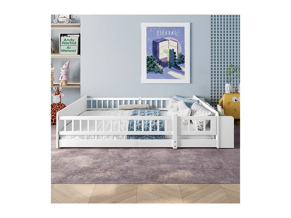 Lit double enfant 140x200 en bois de pin blanc avec étagères de rangement ouvertes structure ouvrable sans matelas