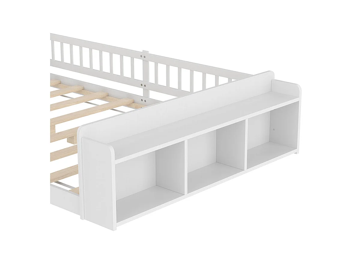 Lit double enfant 140x200 en bois de pin blanc avec étagères de rangement ouvertes structure ouvrable sans matelas