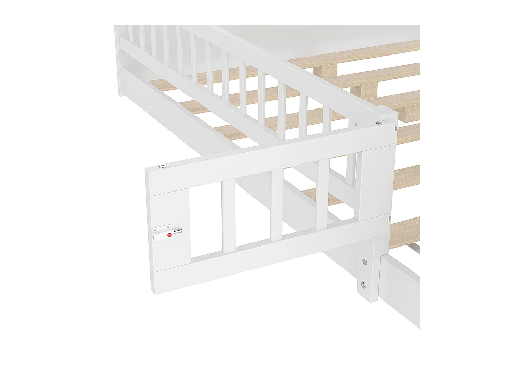Lit double enfant 140x200 en bois de pin blanc avec étagères de rangement ouvertes structure ouvrable sans matelas