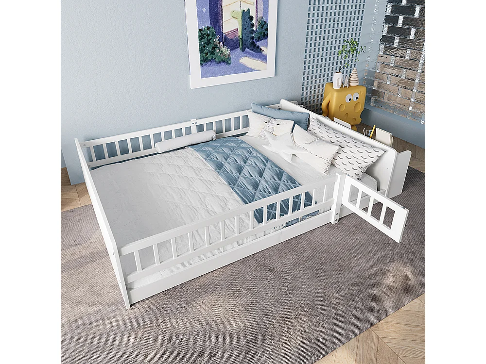 Lit double enfant 140x200 en bois de pin blanc avec étagères de rangement ouvertes structure ouvrable sans matelas