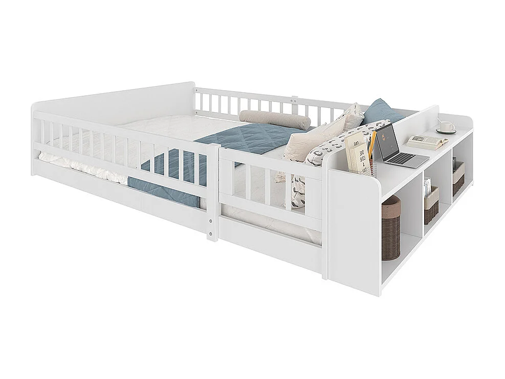 Lit double enfant 140x200 en bois de pin blanc avec étagères de rangement ouvertes structure ouvrable sans matelas