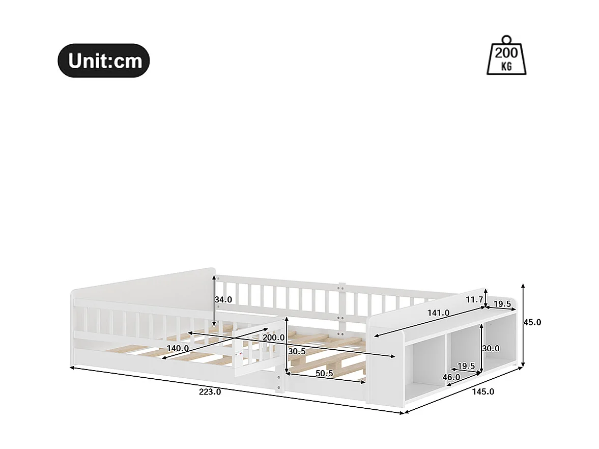 Lit double enfant 140x200 en bois de pin blanc avec étagères de rangement ouvertes structure ouvrable sans matelas