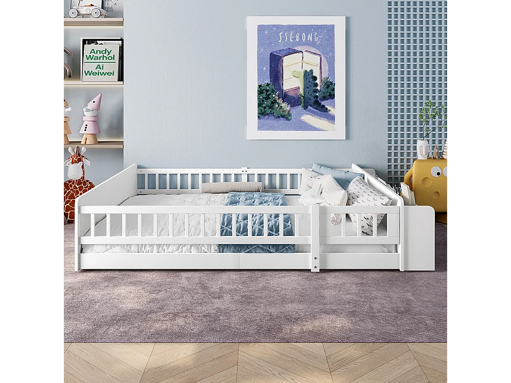 Lit double enfant 140x200 en bois de pin blanc avec étagères de rangement ouvertes structure ouvrable sans matelas